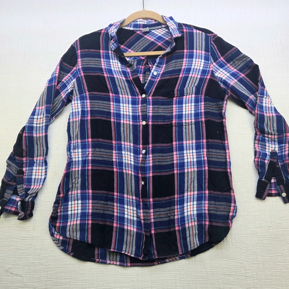 Old Navy Kids girls Medium Blue Pink Plaid Flannel Style Rayon Button Down Shirt